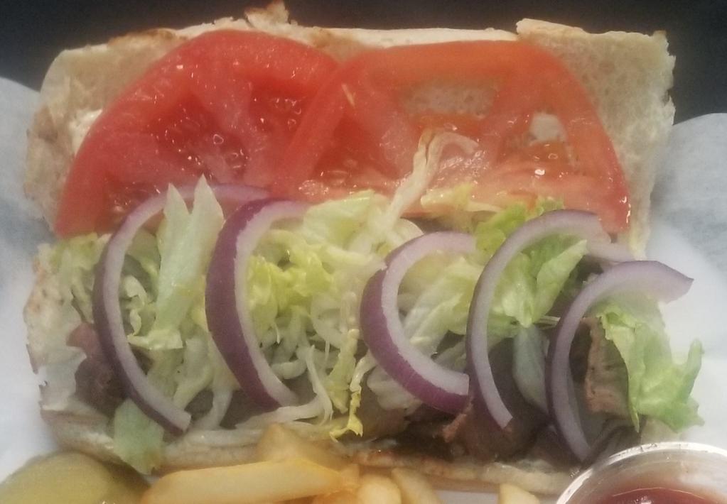 Tri Tip Sandwich  · Thinly sliced BBQ Tri Tip with Lettuce-Red Onion-Tomatoes served on a French Roll.