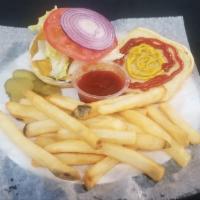 Cheeseburger Combo ·  1/3-pound Hamburger Patty with Lettuce, Red Onion and Tomatoes served on a Sesame Seed Bun ...