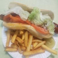 Linguica Sandwich Combo · Grilled Portuguese Sausage with Mustard, Lettuce, Red Onions and Tomatoes served on a sesame...