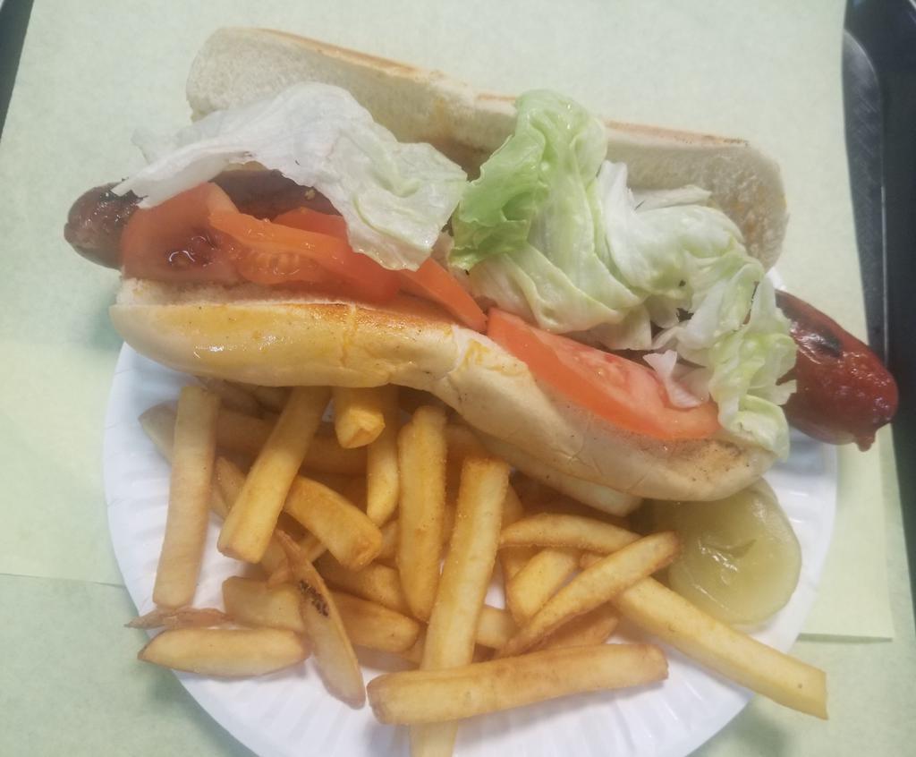 Linguica Sandwich Combo · Grilled Portuguese Sausage with Mustard, Lettuce, Red Onions and Tomatoes served on a sesame French Roll with Fries.