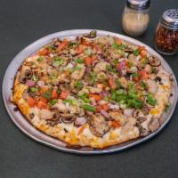 Chicken and Garlic Gourmet Pizza · Grilled white meat chicken, garlic, mushrooms, tomatoes, red and green onions with Italian h...
