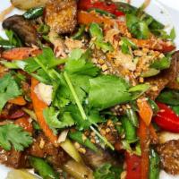Green Beans · Chayote, glazed tofu, red and fried onions, crispy mix mushrooms, sweet red peppers, fried g...