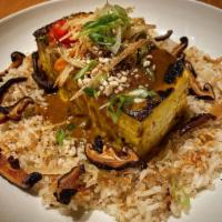 Grilled Tofu Inasal · Grilled tofu, Toasted cashew, scallions, cilantro, pickled chilies, shiitake bacon, served w...
