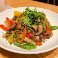Pancit · Rice noodles, carrots portabella, green beans, chayote, and cilantro.
