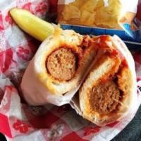 Homemade Italian Sausage Sandwich · Fresh homemade Italian sausage broiled to perfection. Served with red sauce on toasted Itali...