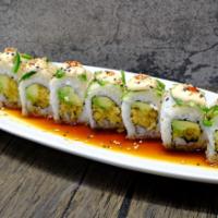 Butter Crunch Roll · Tempura crunch and avocado topped with ono, sliced jalapeno, eel sauce and spicy mayo.