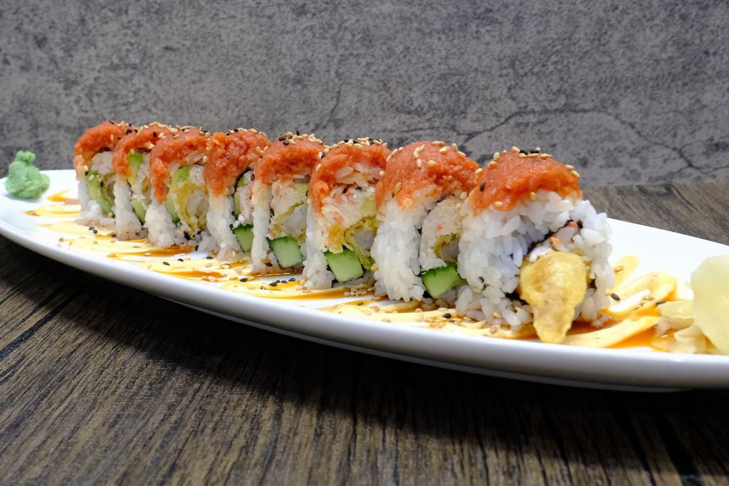 Red Dragon Roll · Shrimp tempura, crab mix, avocado and cucumber topped with spicy tuna, eel sauce and spicy mayo.