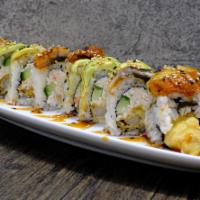 Dragon Roll · Shrimp tempura, crab mix and cucumber topped with unagi, avocado and eel sauce.