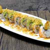 Double Crunch Roll · Shrimp tempura, cucumber, avocado, topped with ebi and tempura crunch.