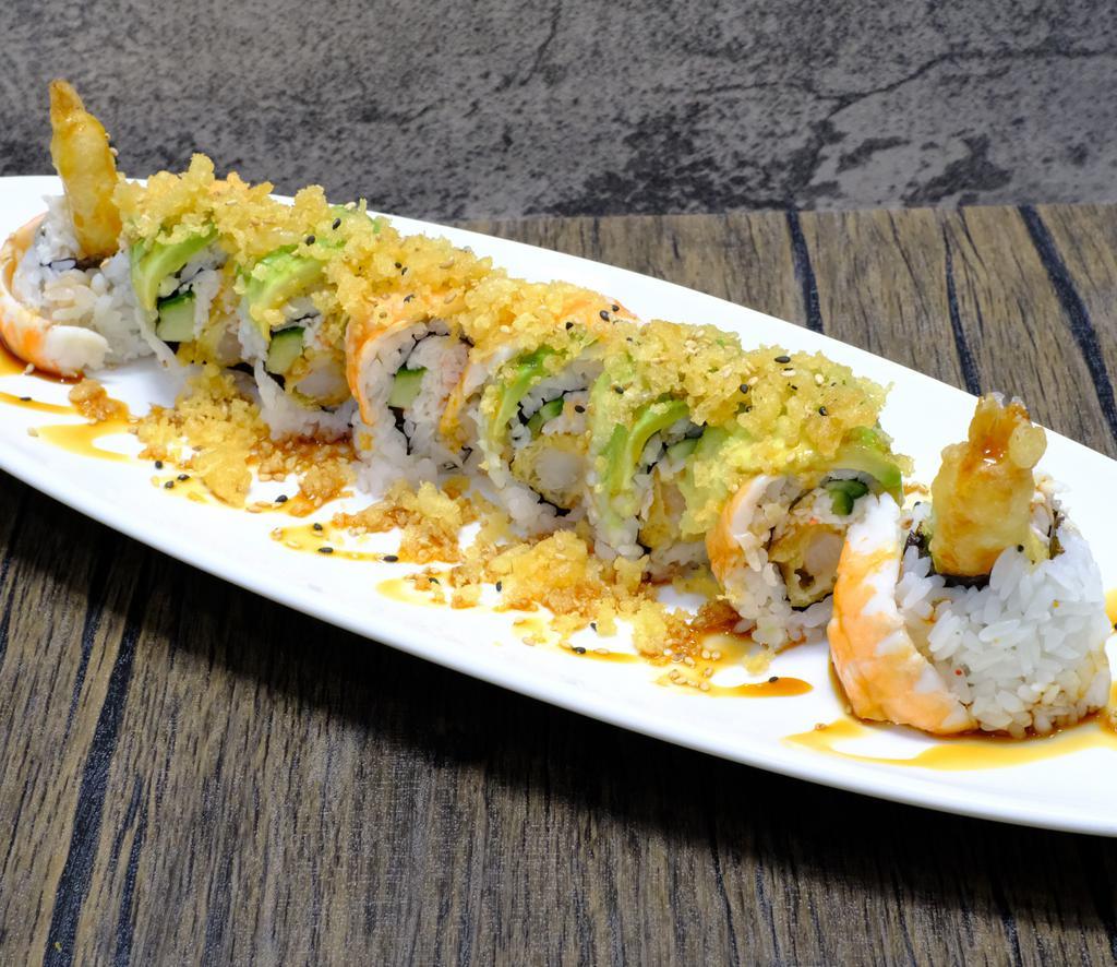 Double Crunch Roll · Shrimp tempura, cucumber, avocado, topped with ebi and tempura crunch.