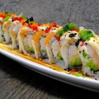 Geisha Roll · Crab mix, avocado, cucumber, topped with chef choice assorted fish, tobiko, masago, chives, ...
