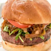 Mess Hall Classic Burger · Impossible burger patty, grilled onions, house pickles, tomatoes, arugula, house-made Russia...