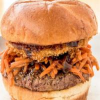 Not So John Wayne Habanero BBQ Burger · Impossible burger patty, pulled pineapple habanero carrots, house pickles, onion ring, Violi...