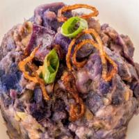 BBQ Purple Potato Salad · Roasted purple potatoes, BBQ spiced aioli, scallions, and corn. A la carte tots and potato s...