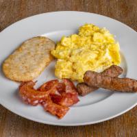 Classic Breakfast · 3 eggs, 2 toppings, sausage or bacon and hash browns and toast.