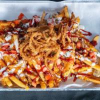 FDK Fries · hand cut fries with cheddar cheese, pulled pork, bacon, diced tomatoes, onion strings,
bbq ...
