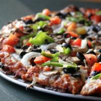 Large Guinevere's Garden Delight · Tomatoes, mushrooms, green peppers, onions, black olives on zesty red sauce. 12 slices.