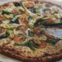 Mona Lisa Pizza · Garlic olive oil base, mozzarella, spinach, green peppers, artichokes, and tomatoes.