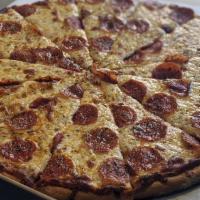 Pepperoni Pizza · Red sauce, pepperoni, and mozzarella cheese.
