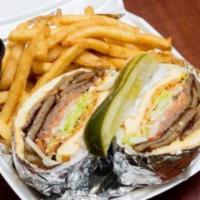 Gyro Cheese Burger · Mayo, lettuce, tomato, pickle, onion and gyro sauce. 