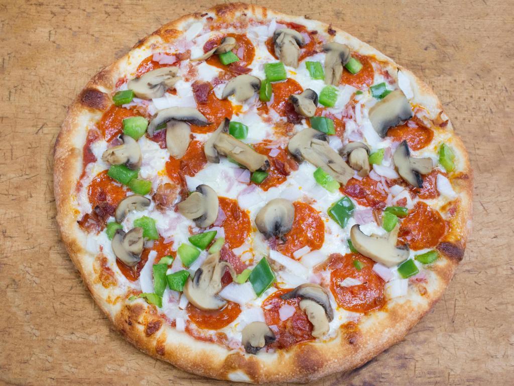 Super Special Pizza · Pepperoni, ham, bacon, green pepper, onion and mushroom.