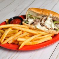 Philly Cheesesteak Sub · Cooked with onions, green peppers, mushrooms and cheese on a 6