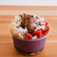 Cacao Energy · Crafted with Almond Milk, Acai, Banana, Strawberry ＆ Blueberry, and Maca Powder. Topped with...