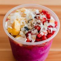 Superfruit Pitaya · Crafted with Coconut Water, Pitaya, Banana, and Pineapple. Topped with GF Granola, Strawberr...