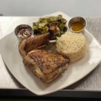 1/4 Jerk Dark Lunch · Our house made jerk rub on roasted leg thigh quarter with jerk n jive dipping sauce served w...
