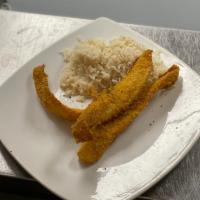 Fried Fish Platter · Three pieces of crispy white fish fillet hand seasoned and battered with white rice or rice ...