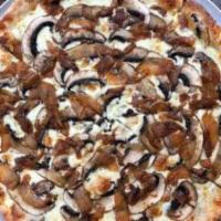Mushroom and Onion Pie- · roasted garlic olive oil, mozzarella, provolone, roasted cremini mushrooms, caramelized onions