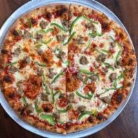 Sausage and Pepper Pie- · red, mozzarella, provolone, ground italian sausage, green bell pepper