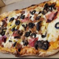 Capricciosa Pizza  · Tomato sauce, mozzarella, mushrooms, italian sausage, artichoke, ham, olives