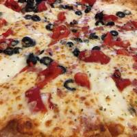 Fresh Mozzarella Pizza · Roasted red pepper, ham, olives and fresh mozzarella with tomato sauce.
