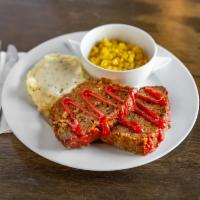 Meatloaf  · Home style meatloaf served with mashed potatoes and corn.