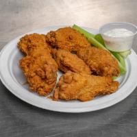 Chicken Wings · Breaded, BBQ, Buffalo, Cajun or lemon pepper. Cooked wing of a chicken coated in sauce or se...