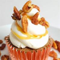 Carrot Cupcakes · Carrot cupcakes, cream cheese frosting, topped with crushed pecans and caramel drizzle - 6 c...
