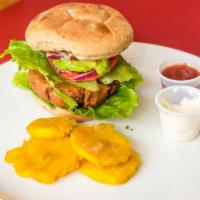 Chickpeas Burger with Plantain Crisps Lunch · Thinly sliced crispy plantain.
