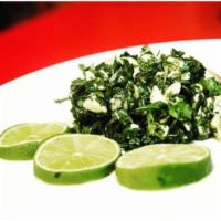 Raw Callaloo Salad (leafy green) 16 oz · Callaloo, kale, sweet plantain, scotch bonnet pepper, avocado, key lime juice, sea salt.