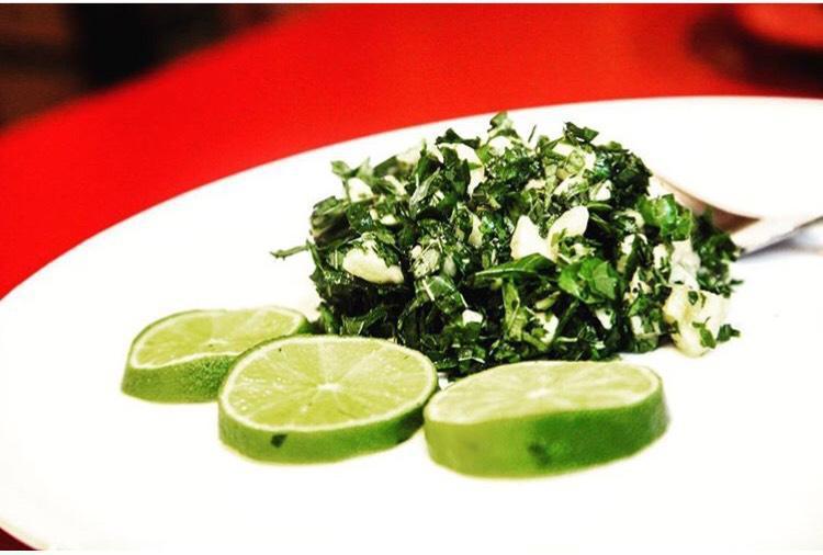 Raw Callaloo Salad (leafy green) 16 oz · Callaloo, kale, sweet plantain, scotch bonnet pepper, avocado, key lime juice, sea salt.