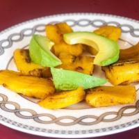 Fried Sweet Plantains · With avocado slices.