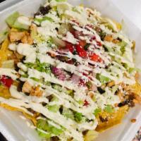 Nachos  · Choice of Meat over Bed of Tortilla Chips topped with lettuce, tomatoes, onions, cheese, oli...