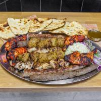 BBQ Large Platter · Serves 6-7 people. 2 beef and 1 chicken seekh kabab skewers, 4 chicken tikka legs, 2 malai b...