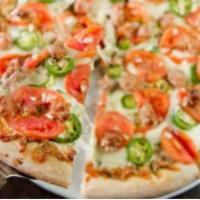 12. Zambini Pizza · Superfly. Italian sausage, sliced tomatoes, onions, jalapenos and fresh garlic with mozzarel...