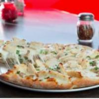 14. Garlic Chicken Pizza · Breath mints not included. Garlic chicken, mushrooms and green onion with mozzarella and pro...