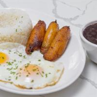 Huevos Fritos Arroz Frijoles Maduros · Fried Eggs