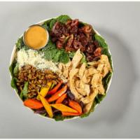 The Hot Date · Pulled chipotle chicken, baby kale, medjool dates, spicy pepitas, roasted heirloom carrots, ...