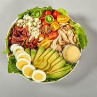Neighborhood Cobb Salad · Pulled chicken, applewood smoked bacon, blue cheese, hard boiled egg, cherry tomatoes, romai...