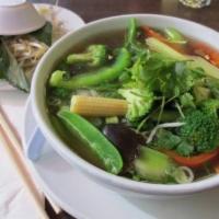 Pho Rau Cai · Assorted vegetable noodle soup served with scallions and cilantro in chicken broth. 