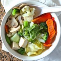 Pho Chay · Assorted mixed vegetables noode soup served with fresh tofu, scallions and cilantro in a veg...